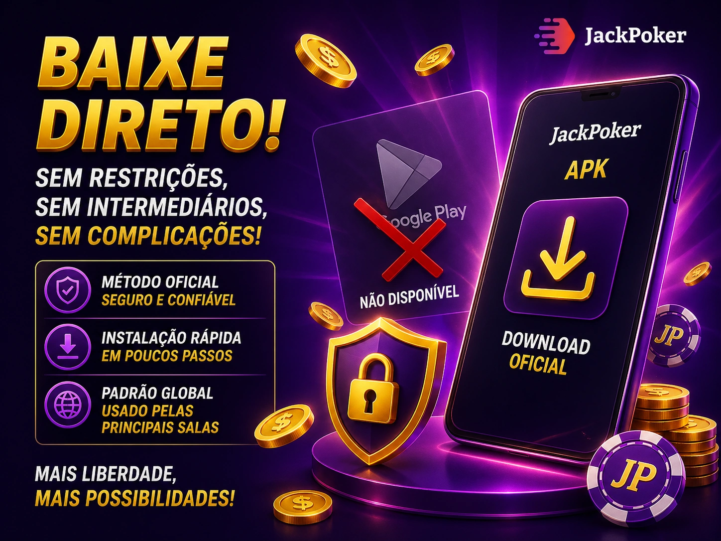Banner de download APK JackPoker com smartphone, instalação segura e sem disponibilidade no Google Play em estilo roxo