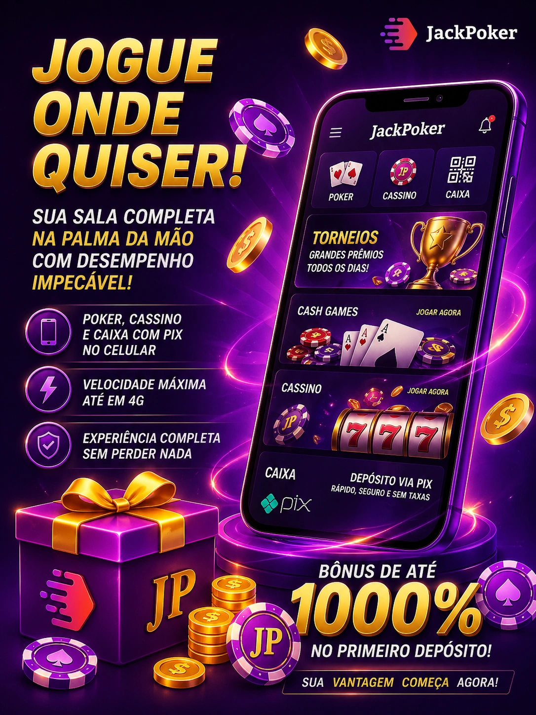 Banner do app móvel JackPoker com interface de smartphone, recursos de poker e cassino e oferta de bônus de 1000 por cento em design roxo e dourado