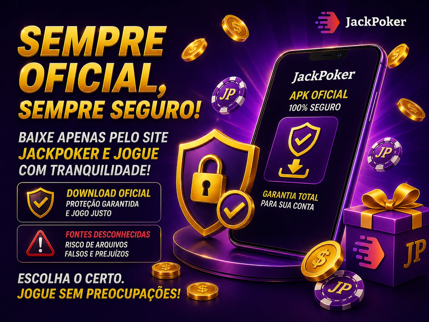 Banner de segurança APK oficial JackPoker com smartphone, proteção com escudo e conceito de download seguro em design roxo e dourado