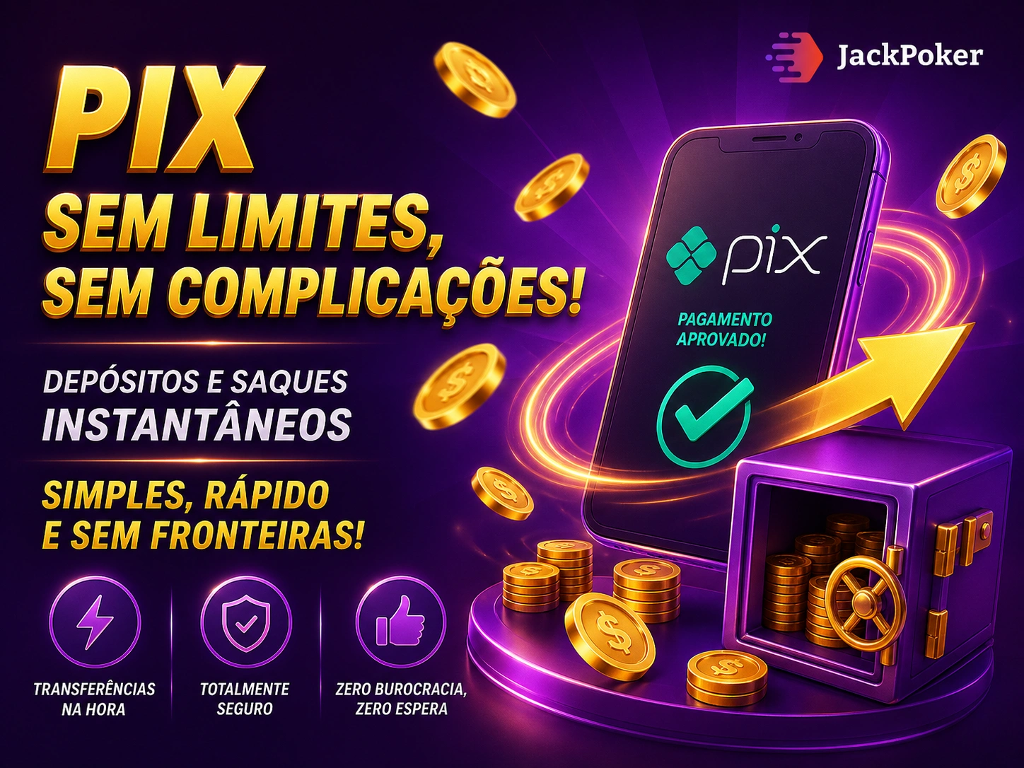 Banner de pagamentos PIX JackPoker com smartphone, conceito de depósitos e saques instantâneos com moedas e cofre em design roxo