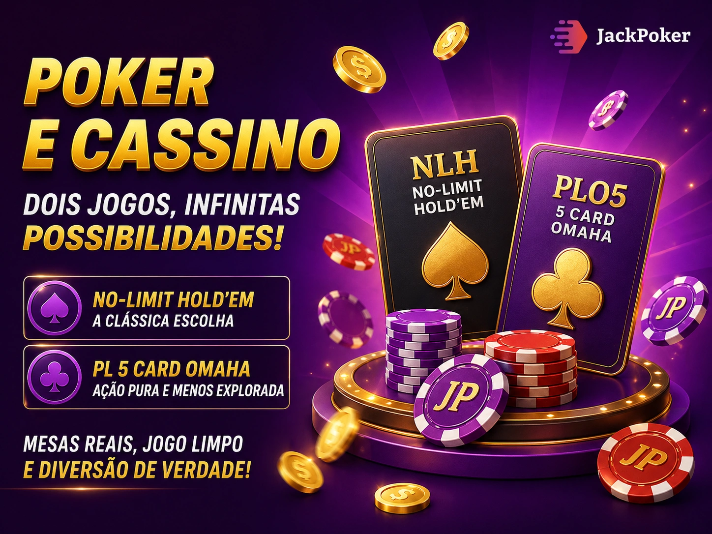 Banner de poker e cassino JackPoker com cartas NLH e PLO5, fichas e moedas em estilo premium roxo e dourado
