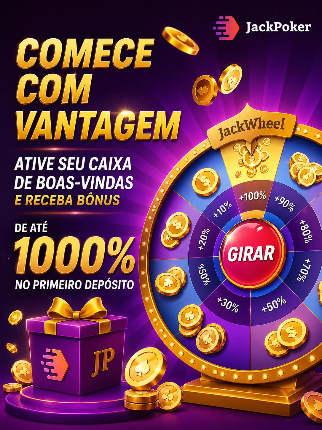 Banner de bônus de boas-vindas JackPoker com roleta giratória, moedas de ouro e oferta de 1000 por cento no primeiro depósito em design premium roxo